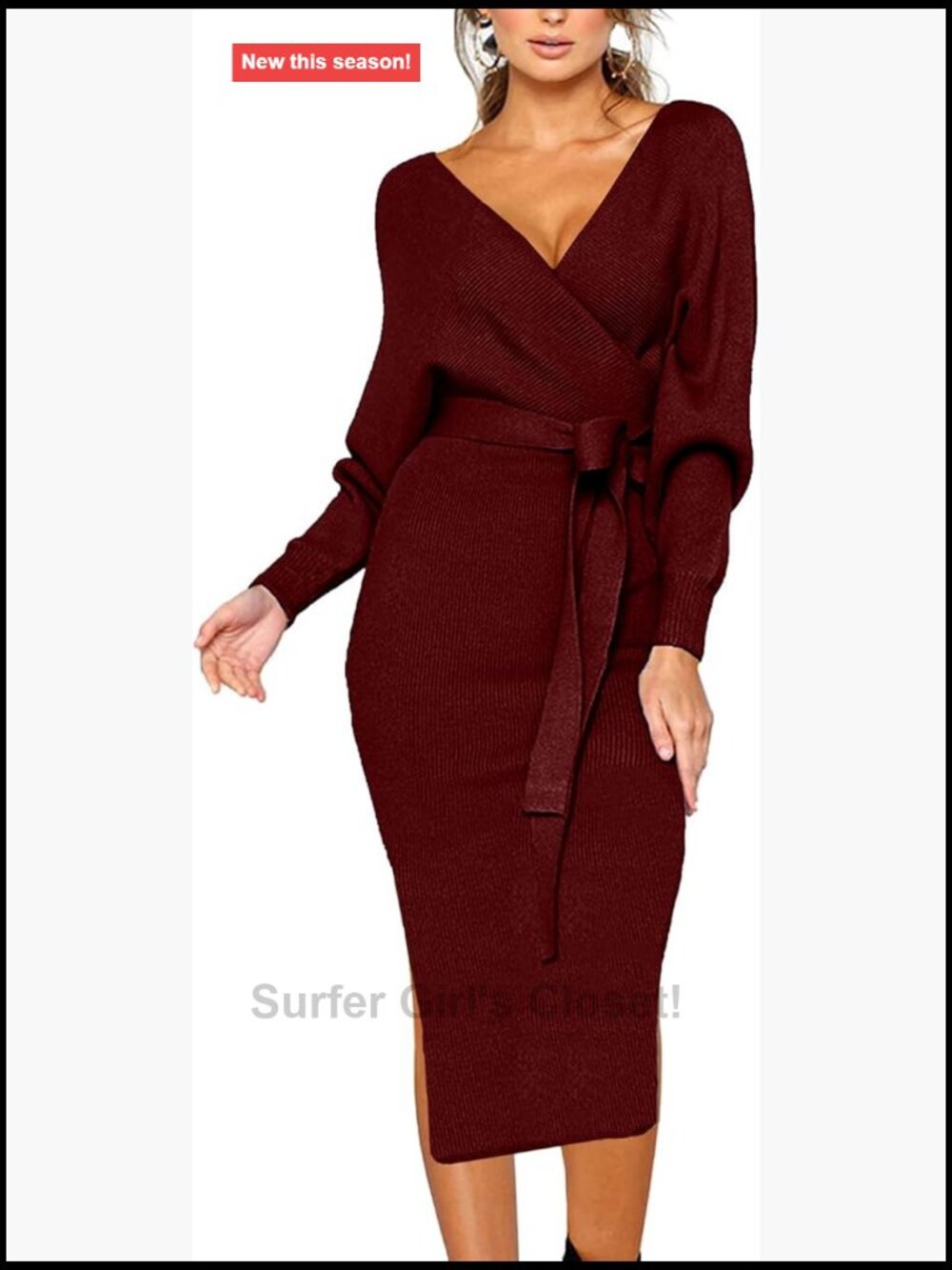 Sweater Dress for Women Bodycon V-Neck Batwing Long Sleeve Midi Dress with Belt